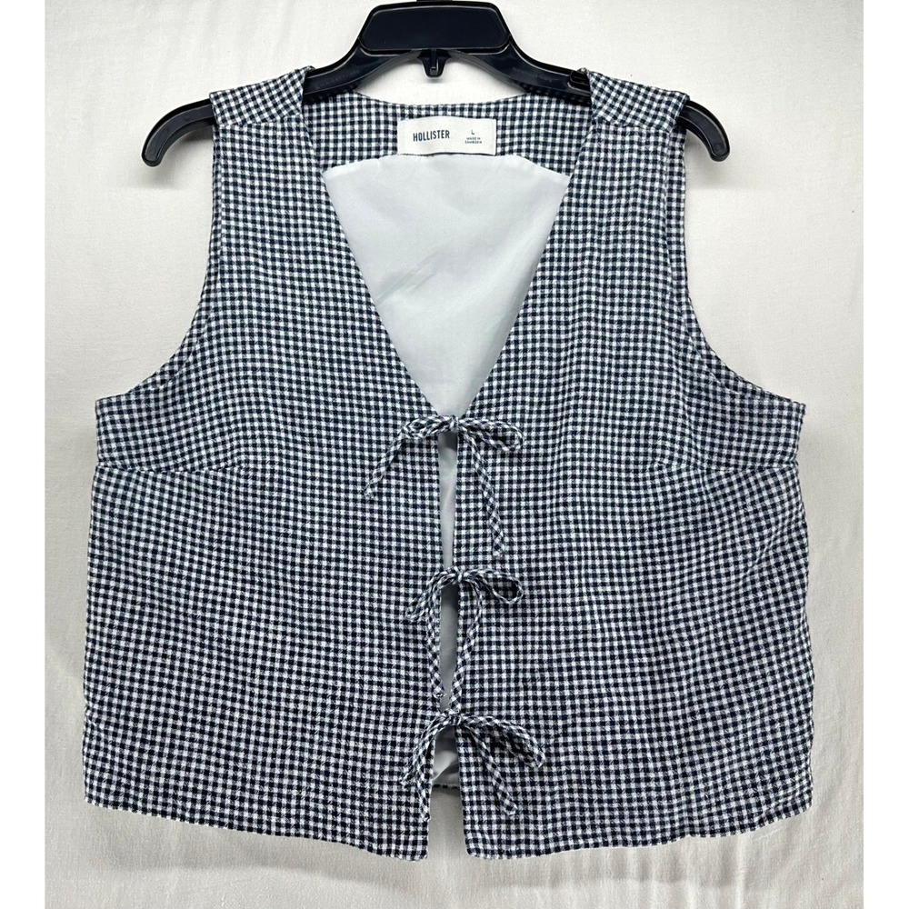 Hollister Womens Navy Gingham Tie Front Vest Sleeveless Bow Top Large L Blue